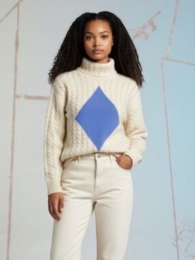 Tory Burch S Cream Cable Knit Turtleneck Sweater Preppy Coastal Grandmother Wool